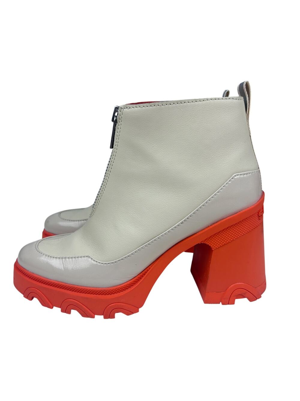 Sorel White Leather Brex Orange Lugged Heeled Sole Zip Boots 7